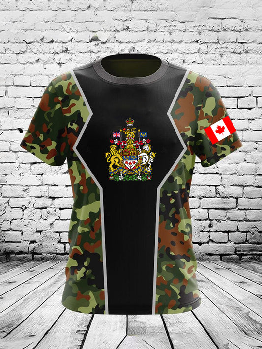 Vintage Canadian Flag Emblem Camouflage Patchwork Print Casual Cotton Short Sleeve T-Shirt