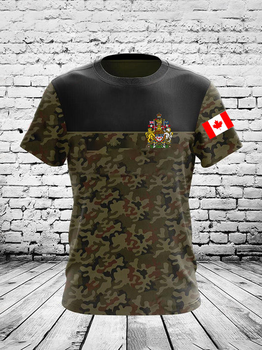 Vintage Canadian Flag Emblem Camouflage Patchwork Print Casual Cotton Short Sleeve T-Shirt