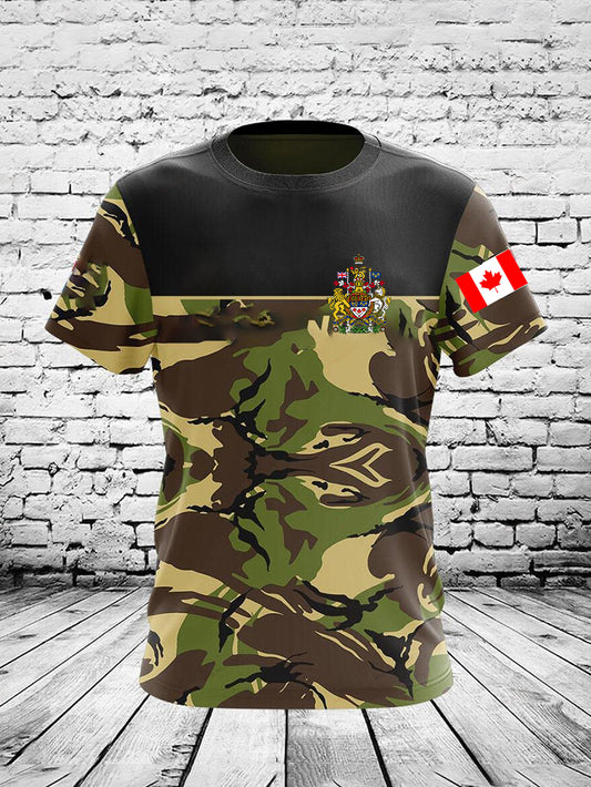 Vintage Canadian Flag Emblem Camouflage Patchwork Print Casual Cotton Short Sleeve T-Shirt