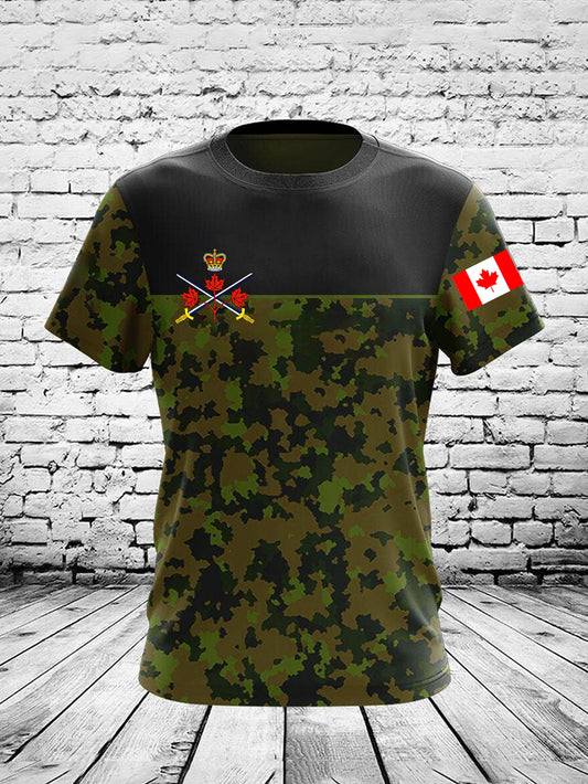 Vintage Canadian Flag Emblem Camouflage Patchwork Print Casual Cotton Short Sleeve T-Shirt