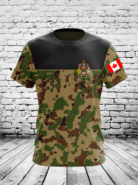 Vintage Canadian Flag Emblem Camouflage Patchwork Print Casual Cotton Short Sleeve T-Shirt