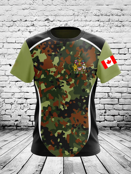 Vintage Canadian Flag Emblem Camouflage Patchwork Print Casual Cotton Short Sleeve T-Shirt