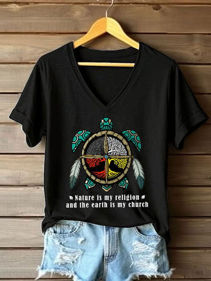 Women's Nature Is My Religion Earth Is My Church Printed Casual T-Shirt