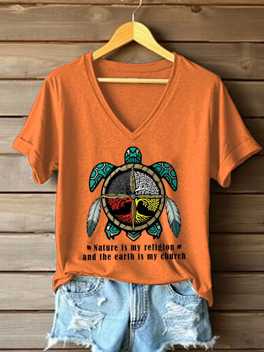 Women's Nature Is My Religion Earth Is My Church Printed Casual T-Shirt