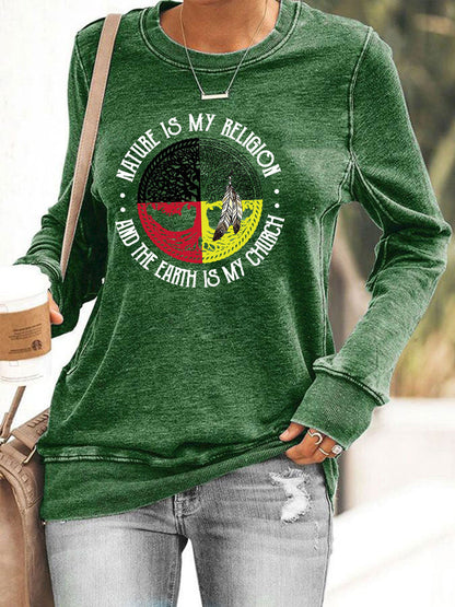 Women's Nature Is My Religion Earth Is My Church Printed Casual Sweatshirt
