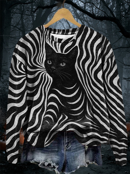 Women's Halloween Black Cat Stripes Print Casual Sweatshirt
