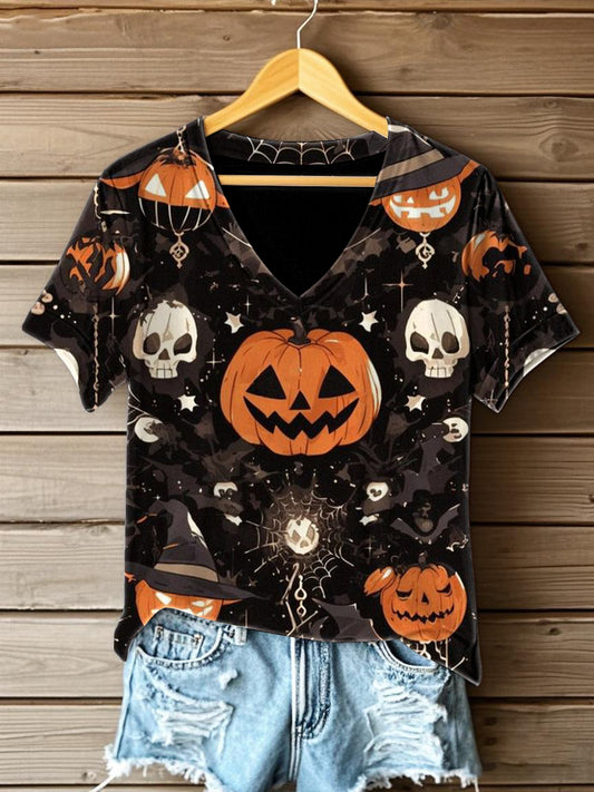 Women's Halloween  Printed V-neck T-shirt