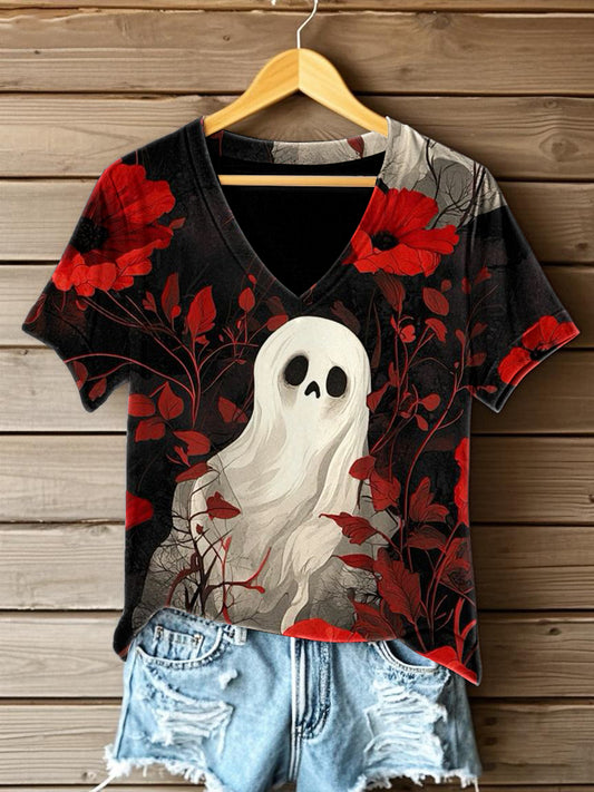 Women's Halloween  Printed V-neck T-shirt
