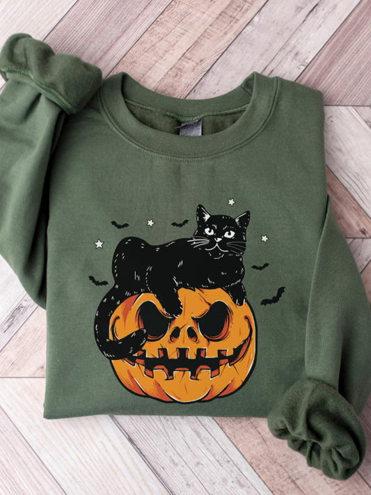 Women's Round Neck Halloween Black Cat Pumpkin Embroidery Loose Long Sleeve Top