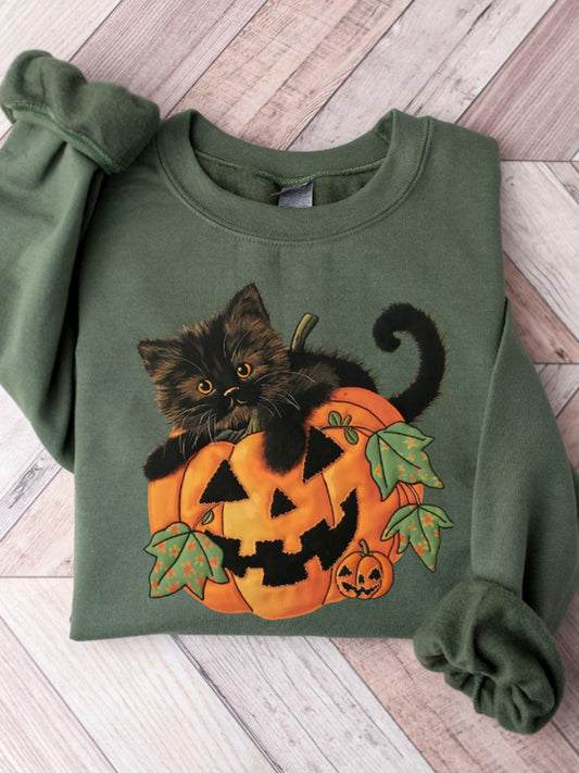 Women's Round Neck Halloween Black Cat Pumpkin Embroidery Loose Long Sleeve Top