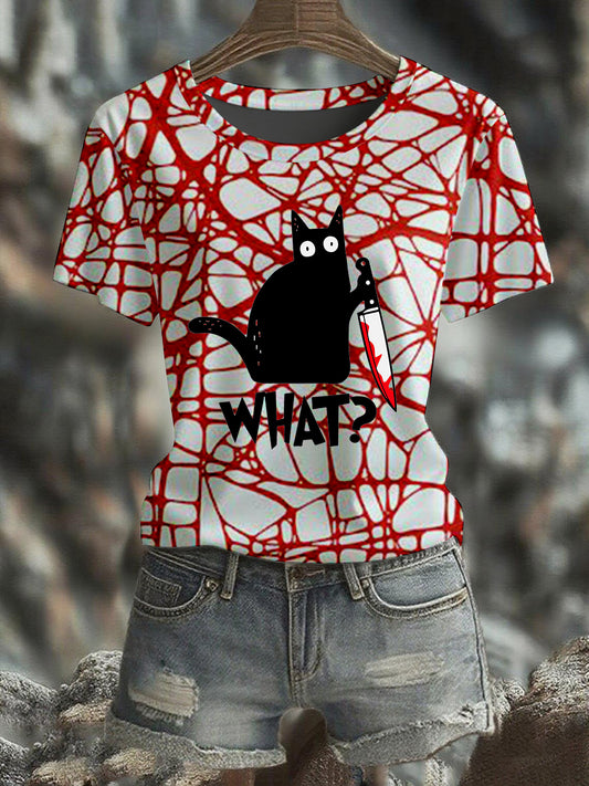 Women's Halloween Bloodstained Black Cat Short-sleeved T-shirt