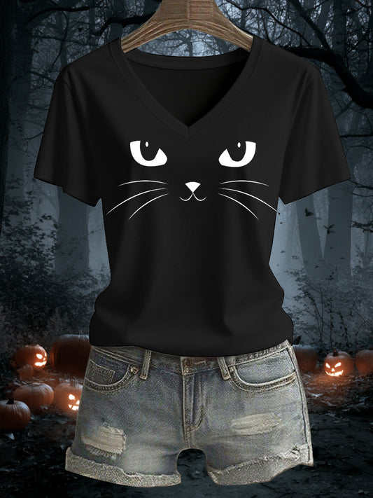 Women's Cat Print Casual V-Neck Tee