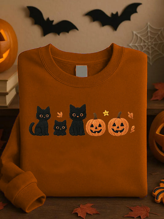 Women's Round Neck Halloween Black Cat Pumpkin Embroidery Loose Long Sleeve Top