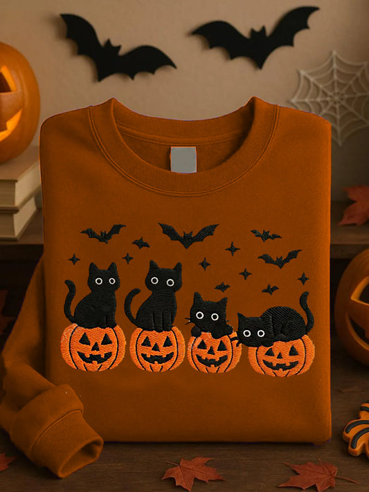 Women's Round Neck Halloween Black Cat Pumpkin Embroidery Loose Long Sleeve Sweatshirt