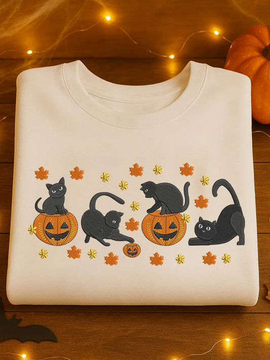 Women's Round Neck Halloween Black Cat Pumpkin Embroidery Loose Long Sleeve Sweatshirt