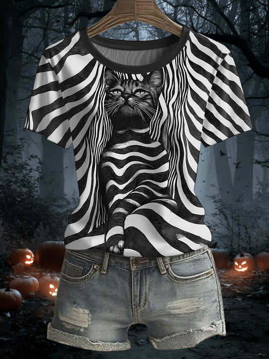 Women's Halloween Black Cat Stripes Print Casual Tee