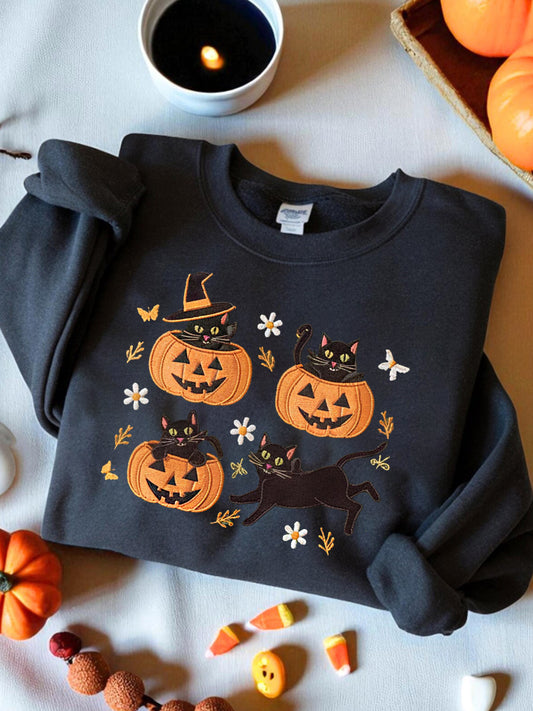 Women's Round Neck Halloween Black Cat Pumpkin Embroidery Loose Long Sleeve Top