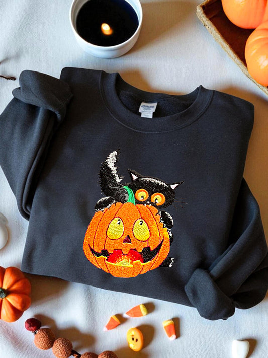 Women's Round Neck Halloween Black Cat Pumpkin Embroidery Loose Long Sleeve Top