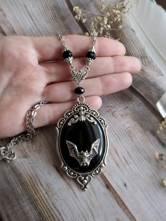 Women's Halloween Gothic Bat Spider Black Gemstone Necklace