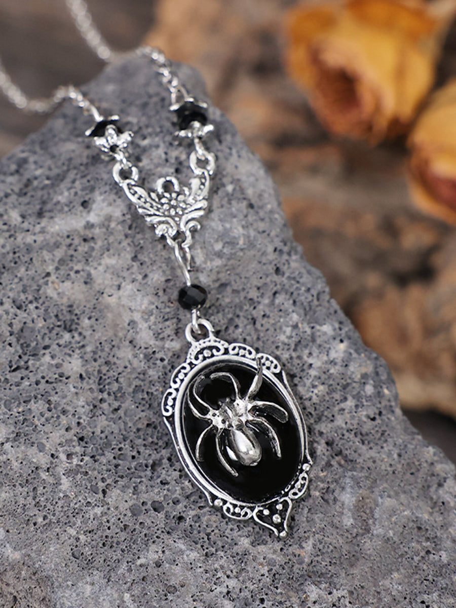 Women's Halloween Gothic Bat Spider Black Gemstone Necklace
