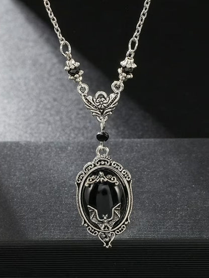 Women's Halloween Gothic Bat Spider Black Gemstone Necklace