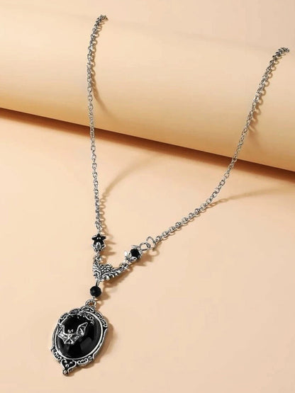 Women's Halloween Gothic Bat Spider Black Gemstone Necklace