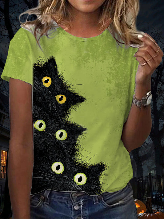 Women's Halloween Black Cat Short-sleeved T-shirt
