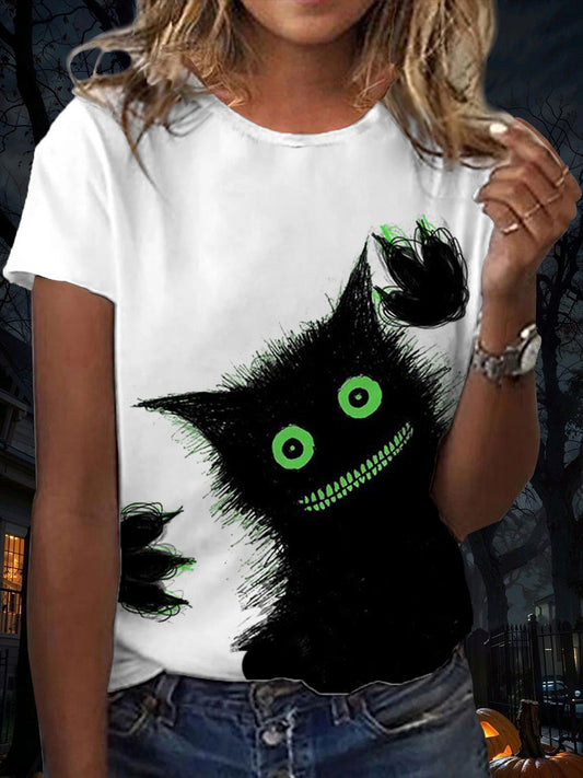 Women's Halloween Black Cat Short-sleeved T-shirt