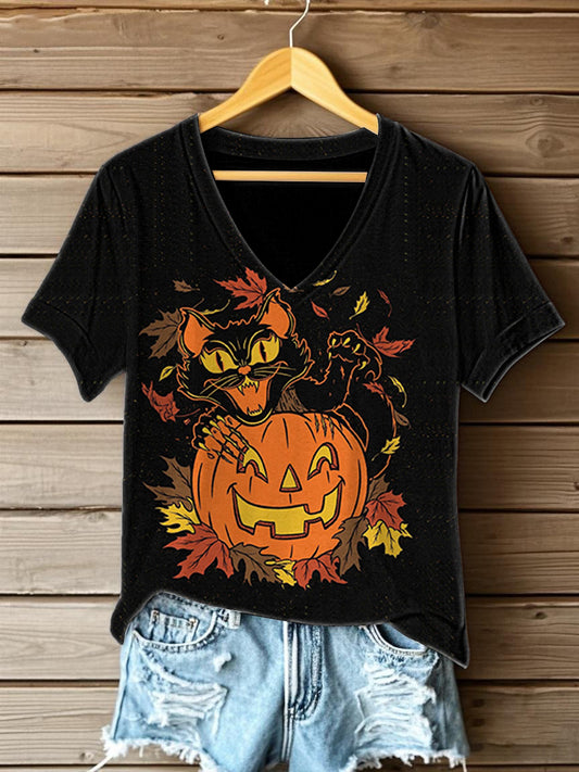 Women's Halloween  Printed V-neck T-shirt