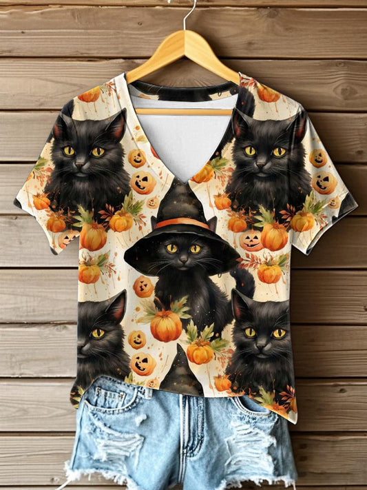 Women's Halloween  Printed V-neck T-shirt
