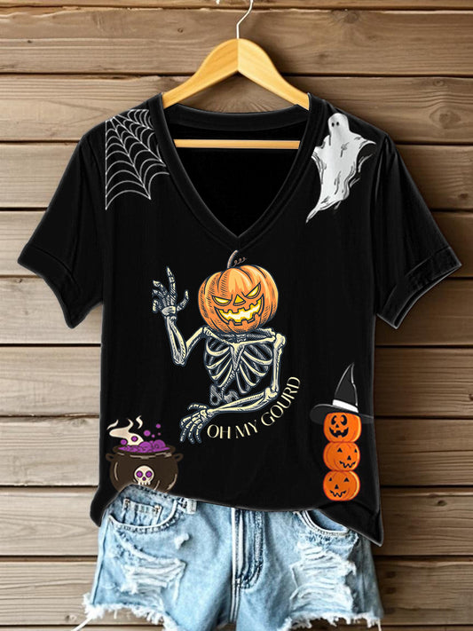 Women's Halloween  Printed V-neck T-shirt