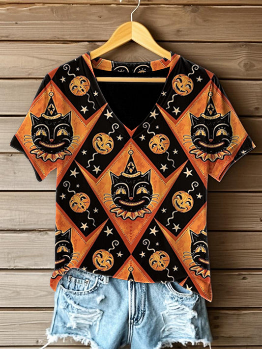 Women's Halloween  Printed V-neck T-shirt