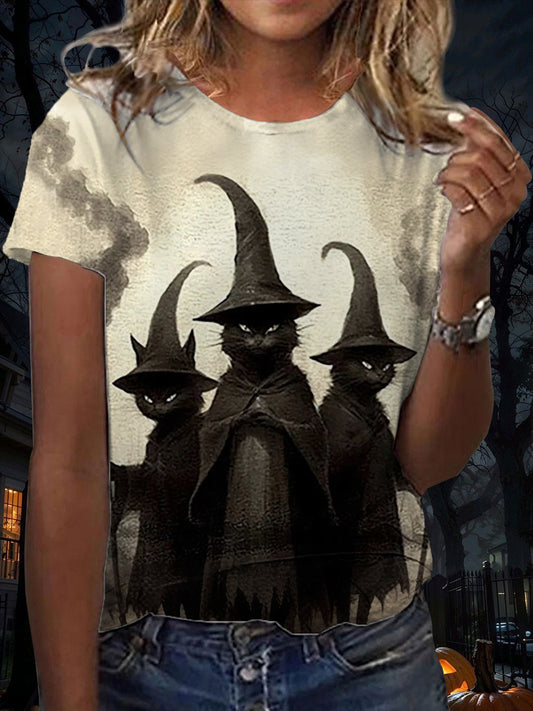 Women's Black Cat Witch Short-sleeved T-shirt