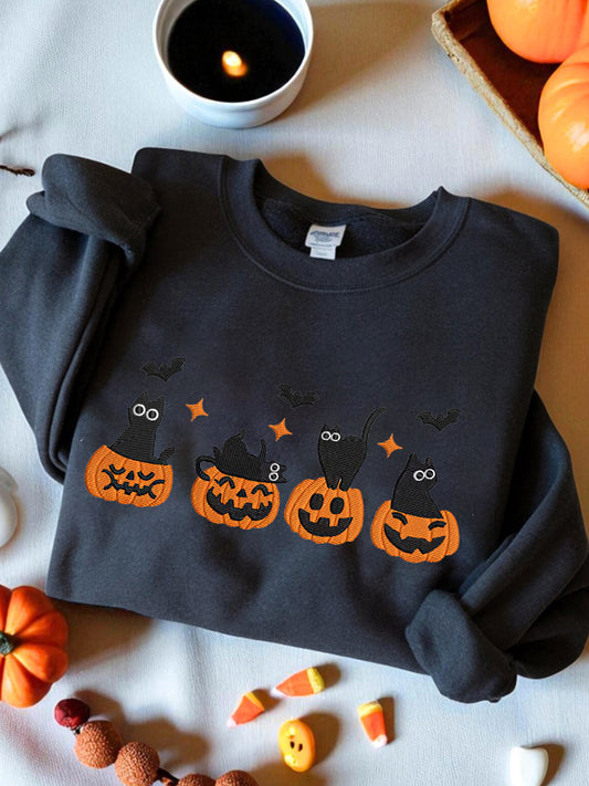 Women's Round Neck Halloween Black Cat Pumpkin Embroidery Loose Long Sleeve Top