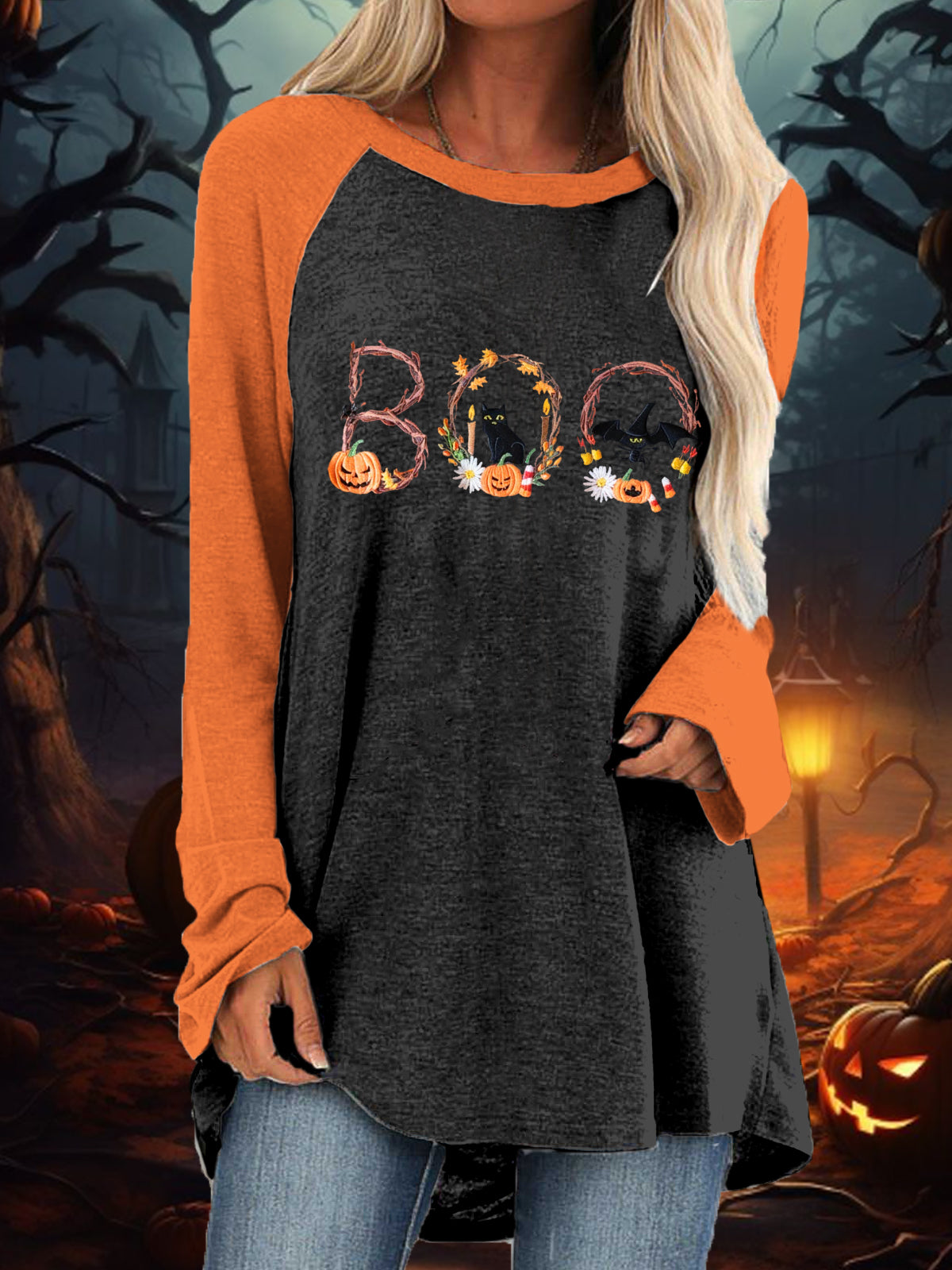 Women's Black Cat Pumpkin Casual Top