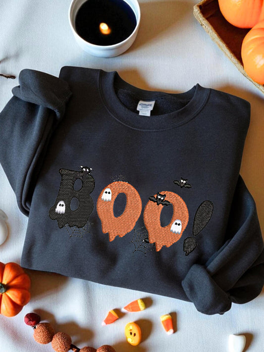 Women's Round Neck Halloween Black Cat Pumpkin Embroidery Loose Long Sleeve Top