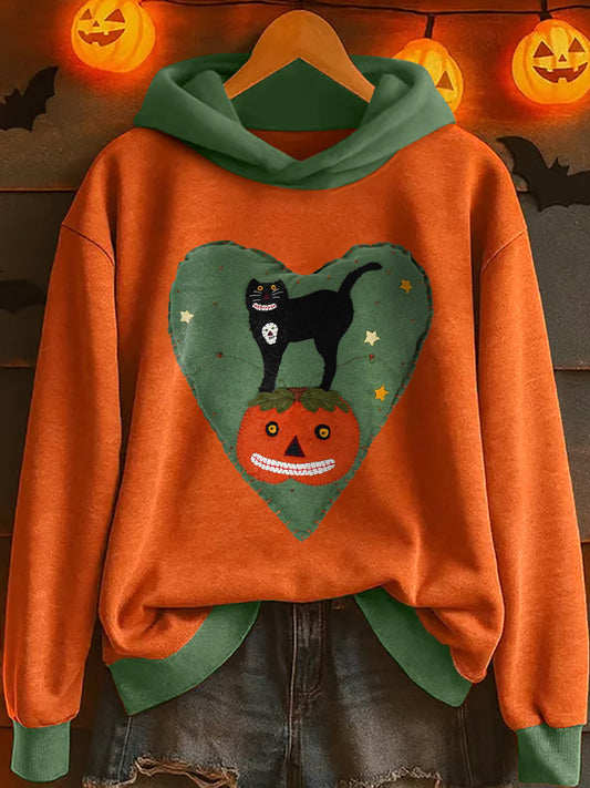 Women's Black Cat and Pumpkin Patchwork Art Hoodie