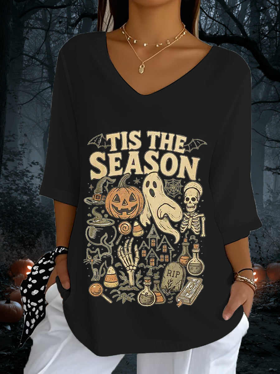 Women's Retro Halloween Tis The Season Spooky Season Printed V-Neck Top