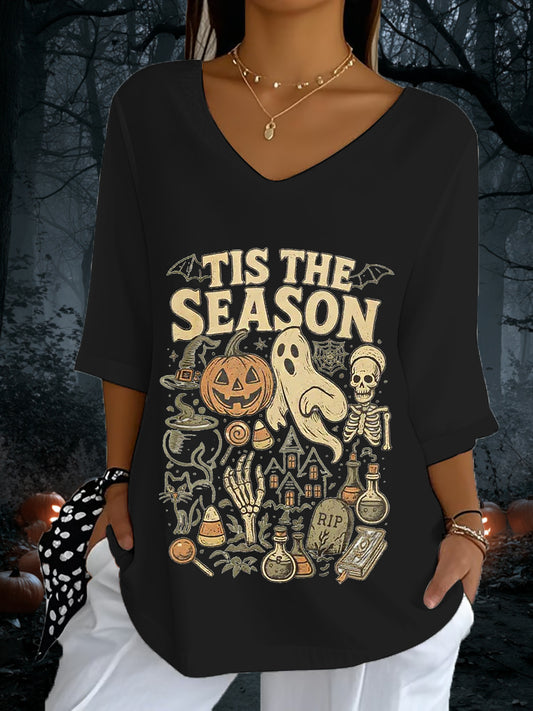 Women's Retro Halloween Tis The Season Spooky Season Printed V-Neck Top