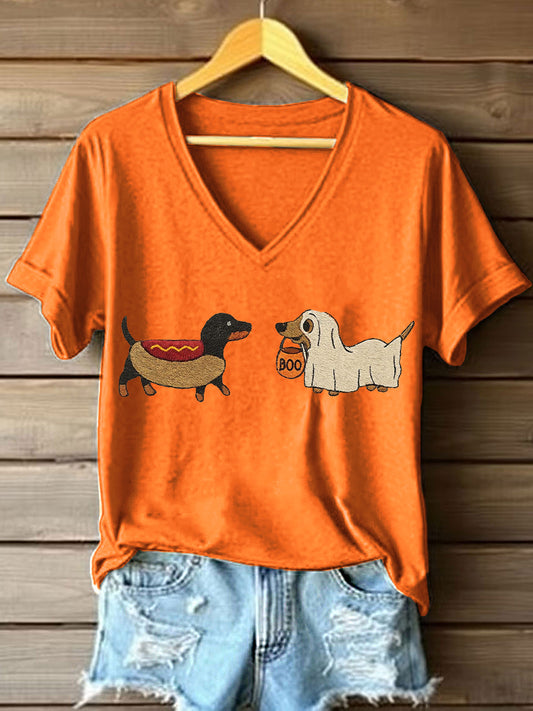 Women's Halloween Dachshund Embroidered V-Neck T-Shirt