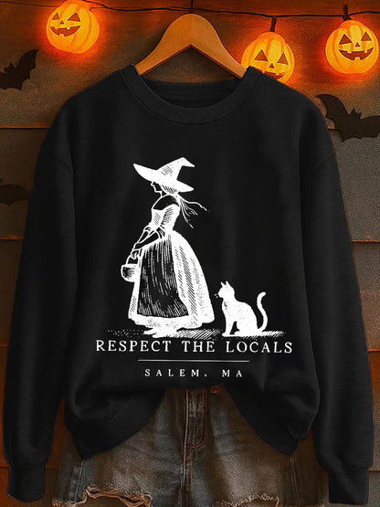 Women's Halloween Salem Ma Black Cat Printed Sweatshirt