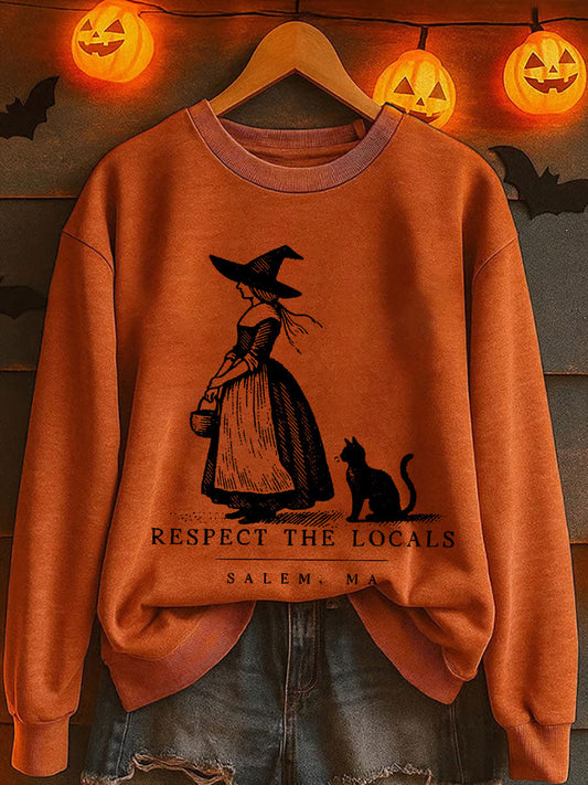 Women's Halloween Salem Ma Black Cat Printed Sweatshirt