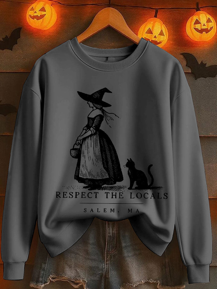 Women's Halloween Salem Ma Black Cat Printed Sweatshirt
