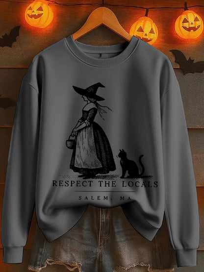 Women's Halloween Salem Ma Black Cat Printed Sweatshirt