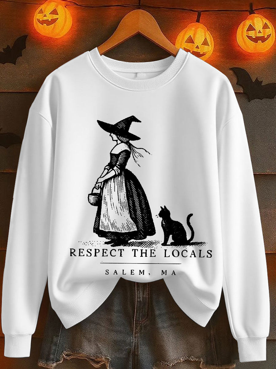 Women's Halloween Salem Ma Black Cat Printed Sweatshirt