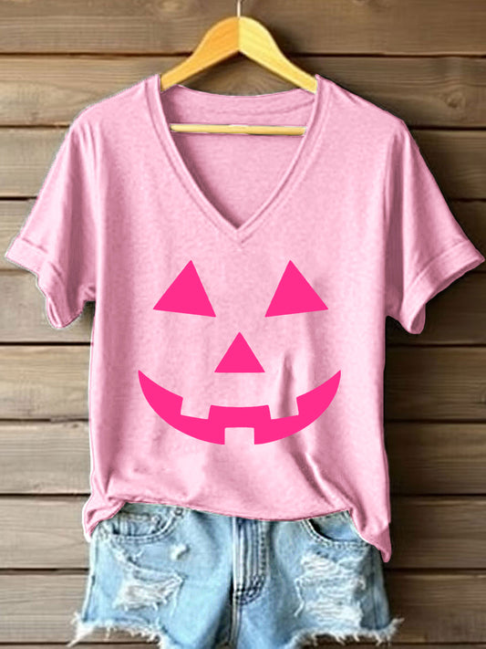 Women's Pink Pumpkin Face Print V-Neck T-Shirt