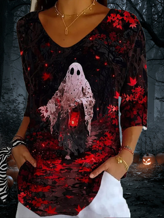 Women'S Halloween Maple Leaf Sheet Ghost Pattern Print V-Neck T-Shirt