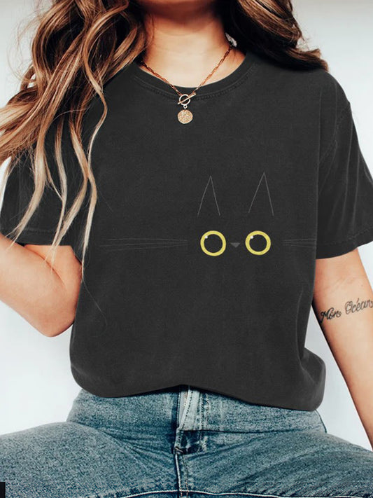 Women's Halloween Black Cat Short-sleeved T-shirt