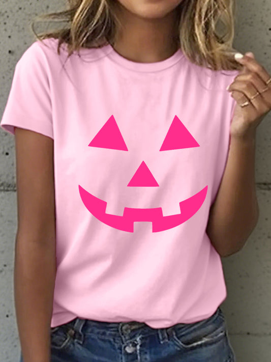 Women's Pink Pumpkin Face Print T-Shirt