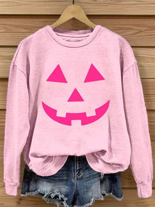 Women's Pink Pumpkin Face Print Sweatshirt
